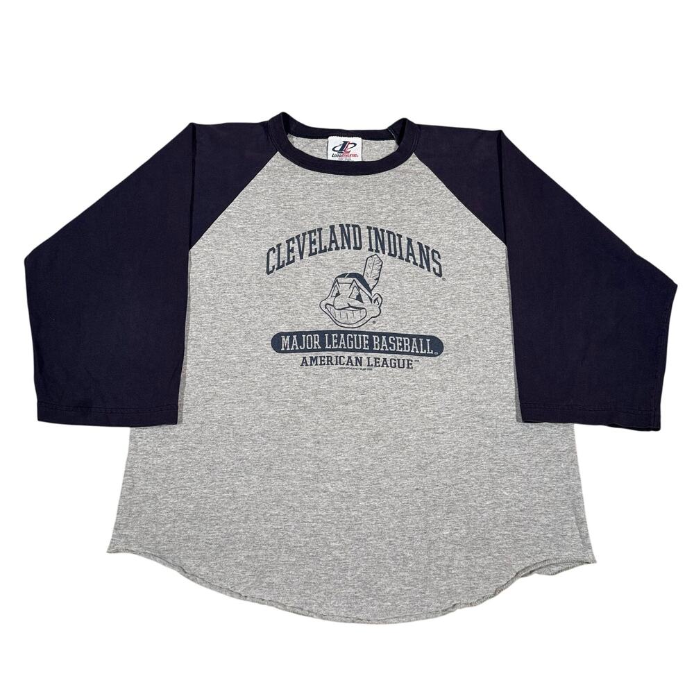 Vintage 2000 Cleveland Indians Chief Wahoo MLB Raglan Baseball Gray Navy Tee L
